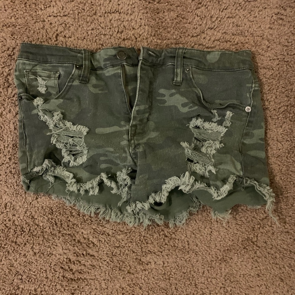 High Rise Camo Jean Shorts